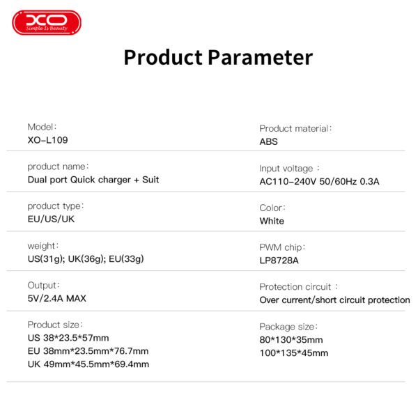XO L109 (UK) Dual USB-A 2.4A Charger - Image 3