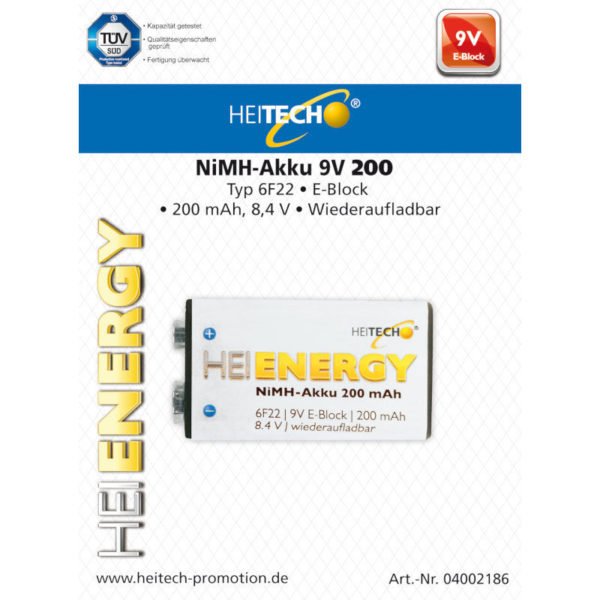5519710-0036-Heitech 04002186 Επαναφορτιζόμενη μπαταρία 6F22 9V E-Block 200 mAh 8.4 V