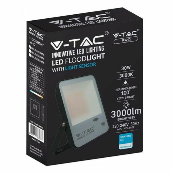 30W LED θερμό λευκό 3000K Προβολέας με αισθητήρα φωτός μαύρο σώμα 100lm/W 20169 V-TAC - Image 13