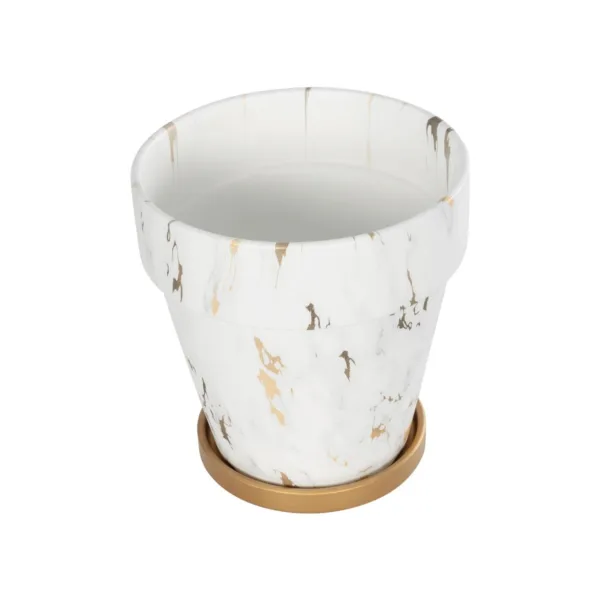 GloboStar® Artificial Garden DENPASAR 20526 Διακοσμητική Κεραμική Γλάστρα Λευκή με Χρυσό Μ20 x Π20 x Υ21 cm - Image 2