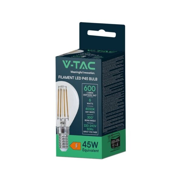 V-TAC 212846 Λάμπα LED 6W Filament E14 P45 Διαφανές Κάλυμμα 4000K Φυσικό Λευκό Φως - Image 3