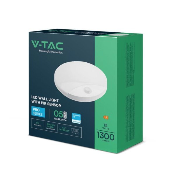 V-TAC 23420 Πλαφονιέρα 15W LED PIR Sensor SAMSUNG CHIP 3IN1 Round με Λευκό Σώμα IP44 - Image 4