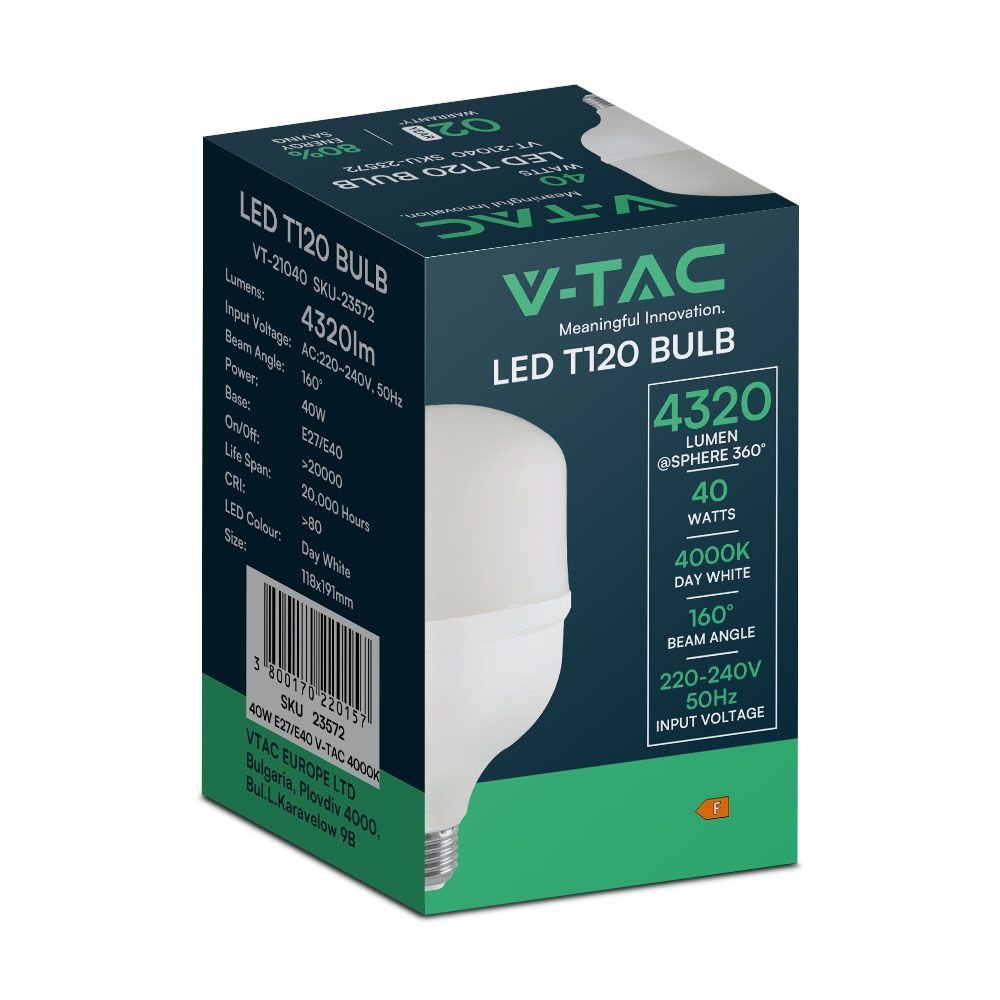 V-TAC 23572 Λάμπα LED 40W Πλαστική T120 4000K E27 σε Φυσικό Λευκό Φως - Image 3