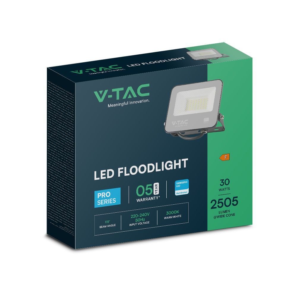V-TAC 23599 Προβολέας LED SMD 30W 2505lm 115° IP65 Samsung Chip Μαύρο Σώμα Γκρι Γυαλί Ζεστό Λευκό - Image 4