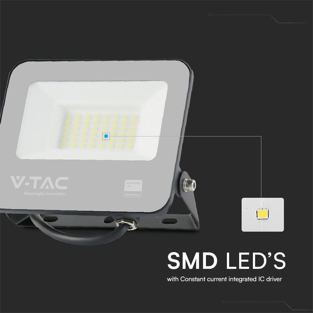 V-TAC 23599 Προβολέας LED SMD 30W 2505lm 115° IP65 Samsung Chip Μαύρο Σώμα Γκρι Γυαλί Ζεστό Λευκό - Image 6