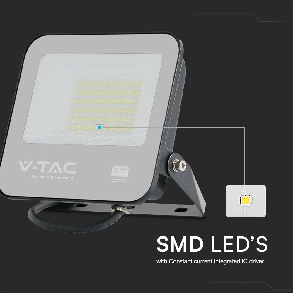 V-TAC 23600 Προβολέας 50W LED Floodlight SMD SAMSUNG CHIP 1m Wire Black Body Grey Frosted Glass 6500K Ψυχρό Λευκό Φως - Image 6
