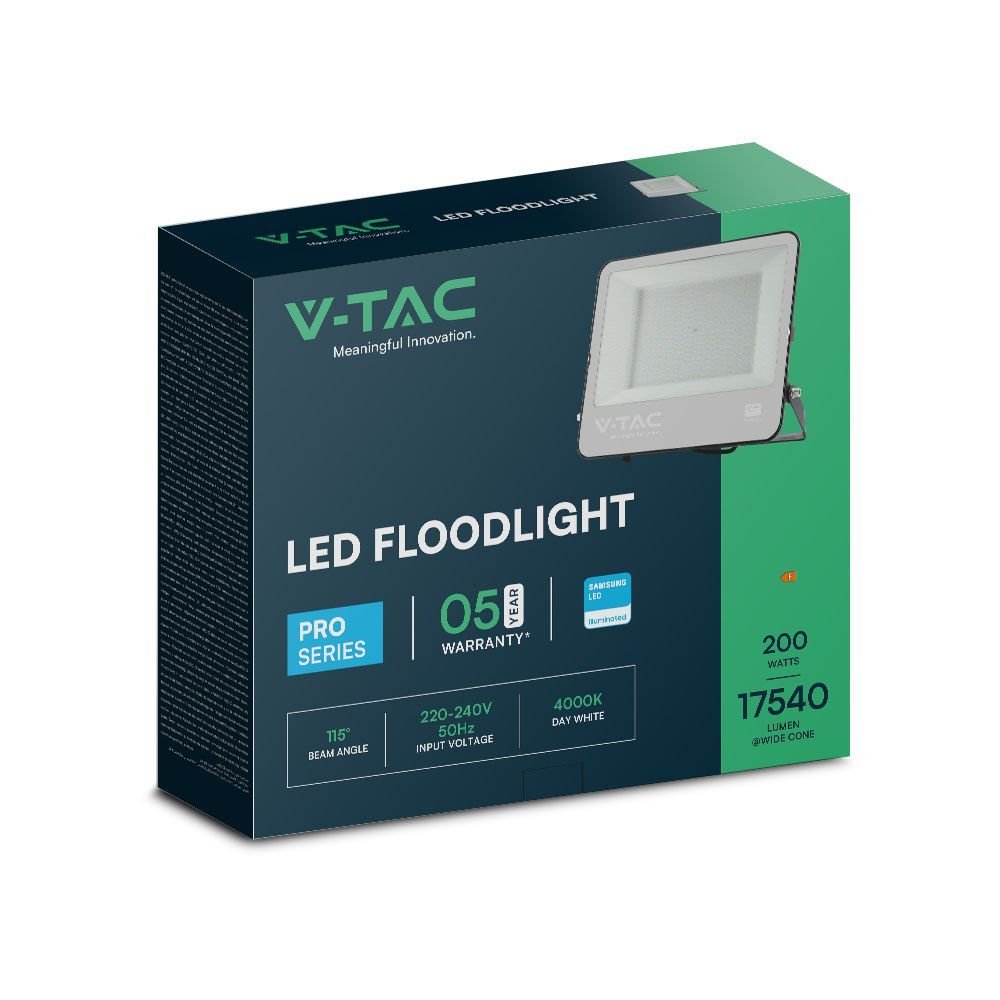 V-TAC 23601 Προβολέας 200W LED Floodlight SMD SAMSUNG CHIP 1m Wire Black Body Grey Frosted Glass 4000K - Image 4