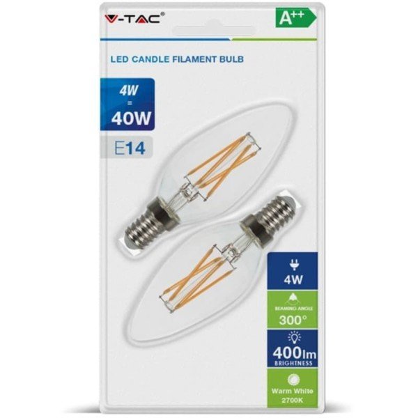 Λάμπα LED Dimmable Κερί Cross Filament 4W E14 2700K Θερμό Λευκό 2 τεμάχια Blister V-TAC 7284