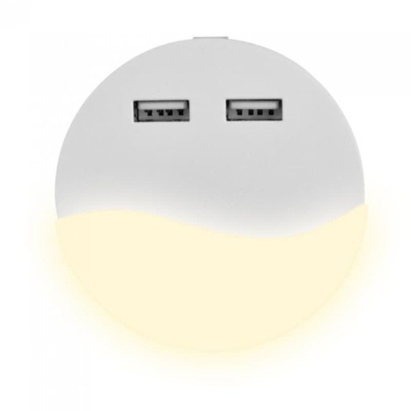 2550831-557-LED Samsung Chip Φωτιστικό Νυκτός Στρογγυλό Λευκό με 2 θύρες φόρτισης USB και με Αισθητήρα Νύχτας-Μέρας 0.5W Θερμό Λευκό 3000K V-TAC 505
