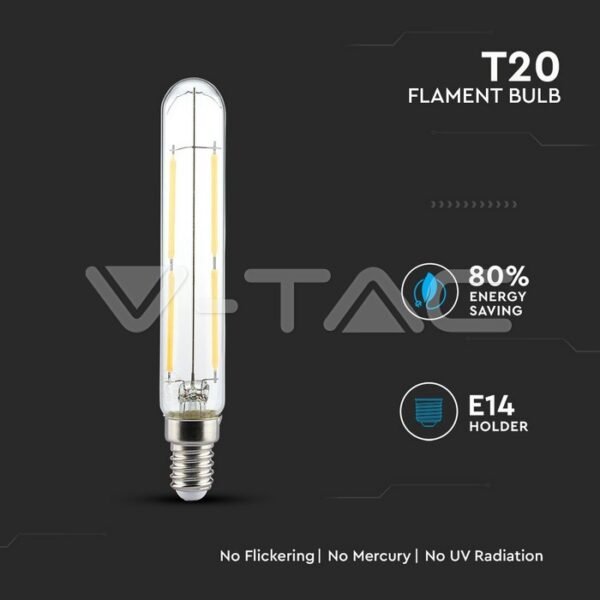 V-TAC 2701 Λάμπα LED E14 T20 Filament 4W θερμό λευκό 2700K γυαλί διάφανο - Image 5