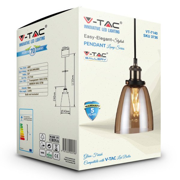 Κρεμαστό Φωτιστικό 1Φ Amber Γυαλί V-TAC 3736 - Image 3