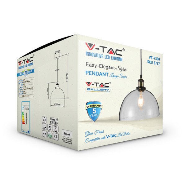 Κρεμαστό Φωτιστικό 1Φ Διάφανο Γυαλί V-TAC 3737 - Image 5