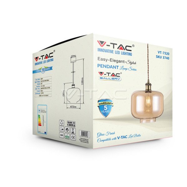 Κρεμαστό Φωτιστικό 1Φ Amber Γυαλί V-TAC 3740 - Image 2