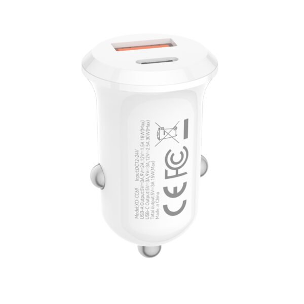XO CC69 Μικρός Smart Φορτιστής Αυτοκινήτου USB-A & Type-C 30W Λευκός - Image 3