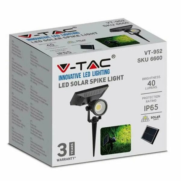 LED Στεγανό Καρφωτό Ηλιακό Φωτιστικό 2W IP65 με Θερμό Λευκό Φως σε Μαύρο Χρώμα 6660 V-Tac - Image 2