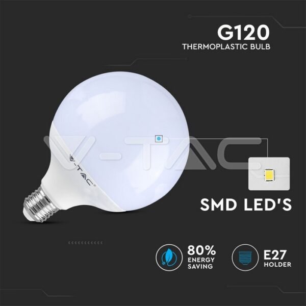 V-TAC 7195 LED Λάμπα Ε27 G120 13W 6400Κ Ψυχρό Λευκό Φως Dimmable - Image 4