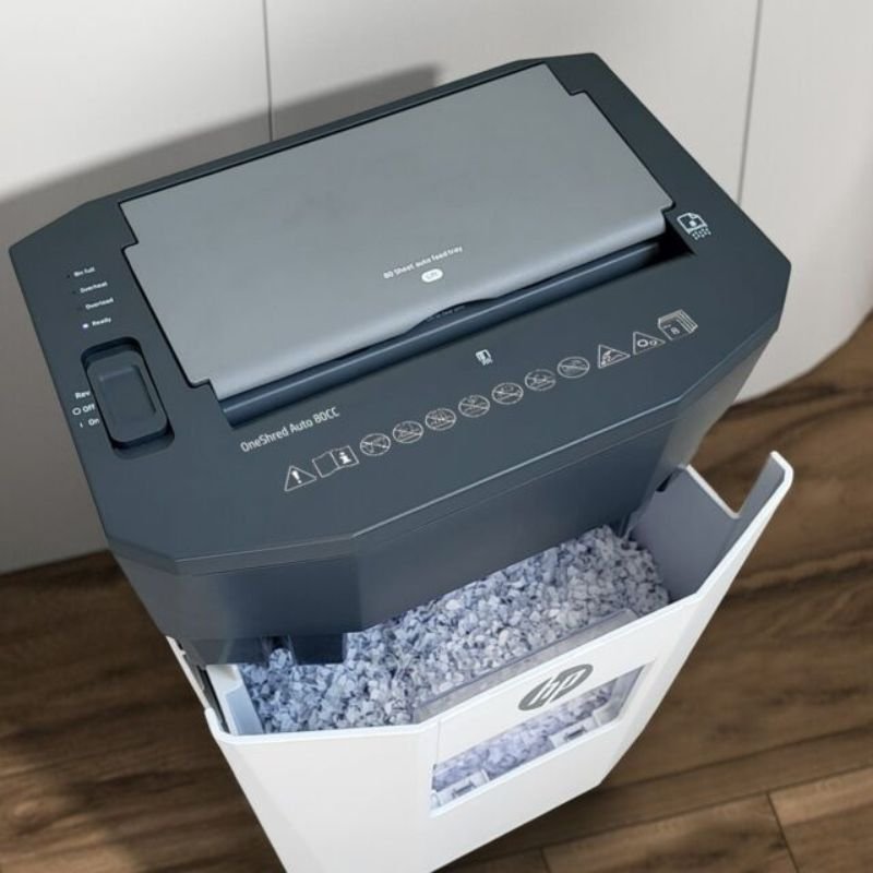 HP OneShred Auto 80CC – 2817 Λευκός/Γκρι καταστροφέας εγγράφων και καρτών Cross Cut P4 – 8 Manual/80 Auto x A4 – 15L - Image 9