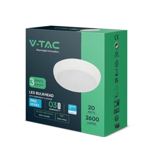 V-TAC 812-24 PRO στρογγυλό φως οροφής τσιπ Samsung 20W με αισθητήρα και κιτ έκτακτης ανάγκης λευκό χρώμα 3in1 IP65 - Image 4
