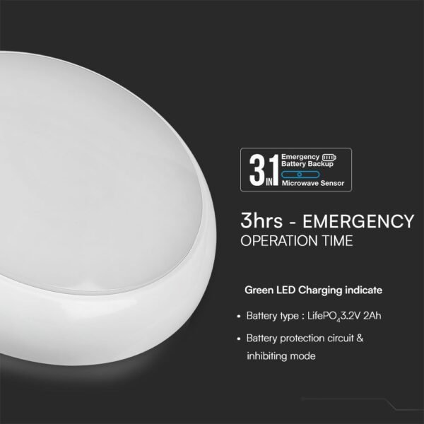 V-TAC 812-24 PRO στρογγυλό φως οροφής τσιπ Samsung 20W με αισθητήρα και κιτ έκτακτης ανάγκης λευκό χρώμα 3in1 IP65 - Image 12