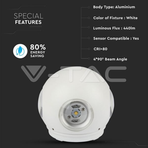 V-TAC 8552 Φωτιστικό Τοίχου Απλίκα Σφαίρα με Φως 4 Ακτίνες Σώμα Λευκό 4W IP65 4000K Φυσικό Λευκό Φως - Image 4