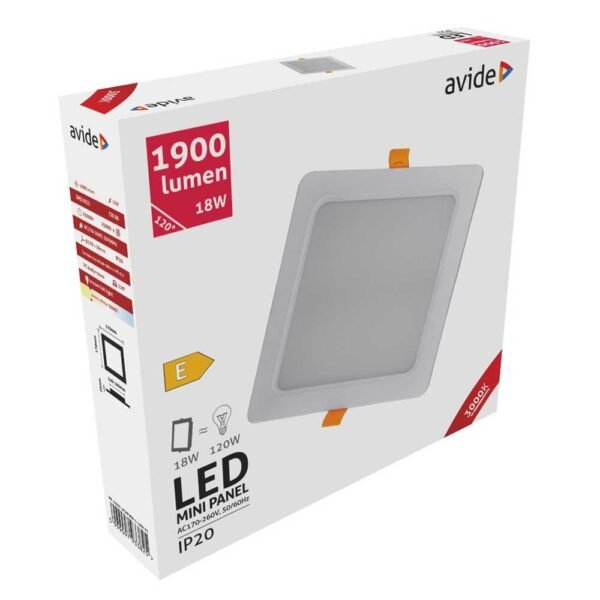 Avide LED Ceiling Lamp Recessed Panel Square Plastic 18W WW 3000K - Image 2