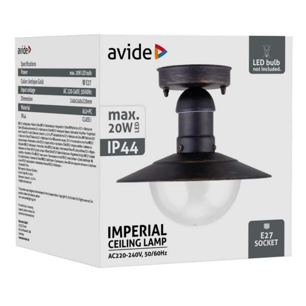 Avide Outdoor Ceiling Lamp Imperial 1xE27 IP44 Antique Gold - Image 2