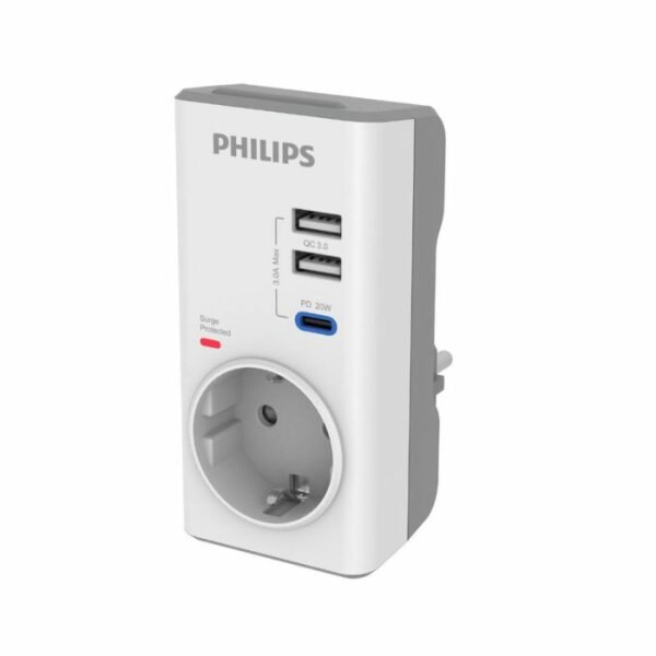 Philips CHP8010W/GRS Μονόπριζο ασφαλείας με 2USB+Type-C