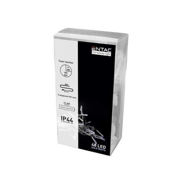Entac Christmas IP44 48 LED Light with Timer 6400K 4m (3AA)