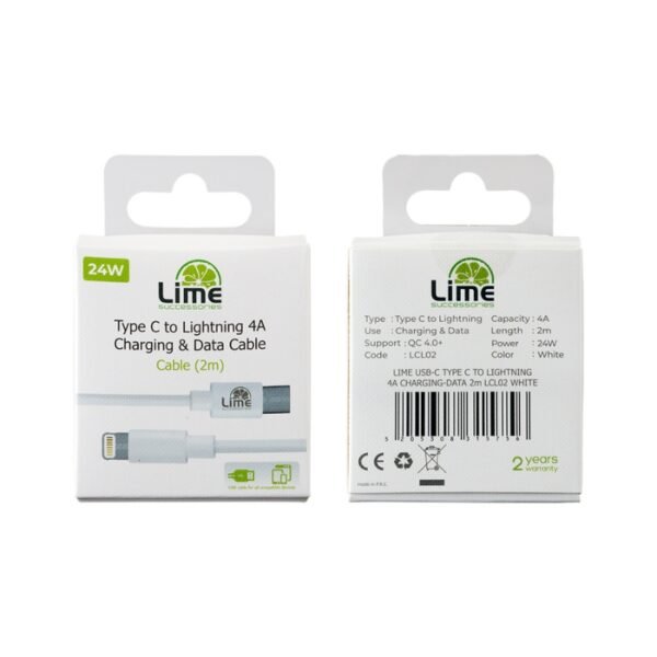 Lime LCL02 Λευκό Kαλώδιο USB Type-C σε Lightning 4.0A, 2m για φόρτιση και δεδομένα-24W - Image 4