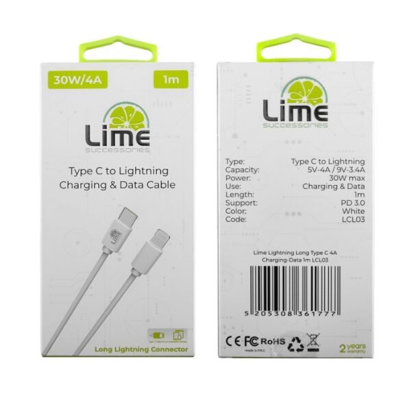 Lime LCL03 Λευκό Kαλώδιο USB Type-C σε Lightning Long 4.0A, 1m για φόρτιση και δεδομένα-30W - Image 5