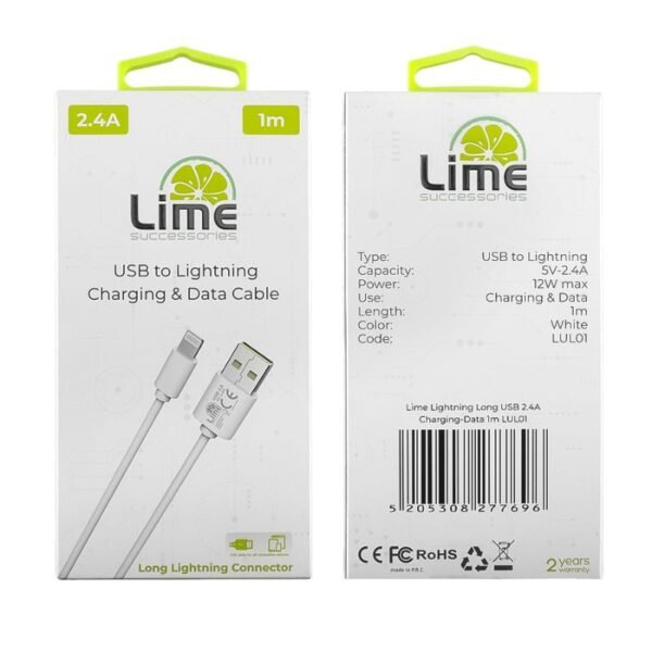Lime LUL01 Λευκό Kαλώδιο USB-Α σε Lightning Long 2.4A, 1m για φόρτιση και δεδομένα-12W - Image 5