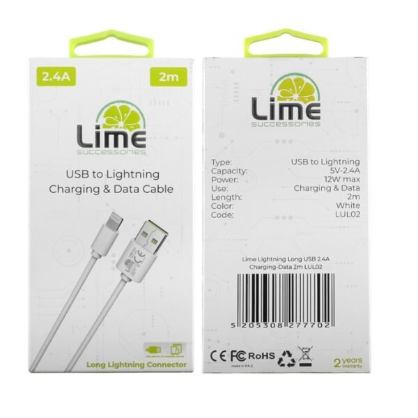 Lime LUL02 Λευκό Kαλώδιο USB-A σε Lightning Long 2.4A, 2m για φόρτιση και δεδομένα-12W - Image 5
