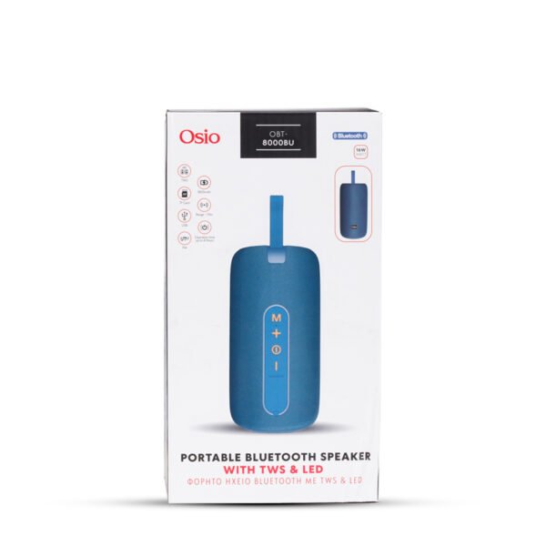 Osio OBT-8000BU Μπλε αδιάβροχο φορητό ηχείο LED με IPX4, Bluetooth, USB, κάρτα TF, FM και TWS-16W - Image 12