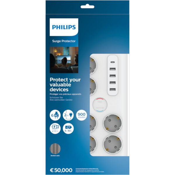 Philips SPN7060WA/GRS Πολύπριζο ασφαλείας 6 θέσεων με 1 USB Type-C 15 W και 4 USB Type-A 20 W - Image 2