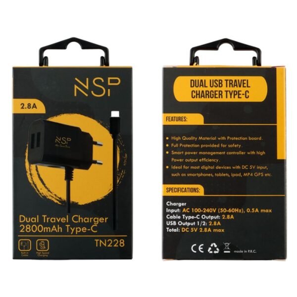 NSP TN228 Μαύρος Φορτιστής ταξιδιού Dual USB-A με ενσωματωμένο καλώδιο Type-C 2800mAh - Image 5