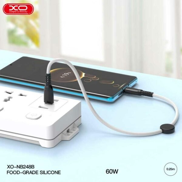 XO NB-Q248B Suluo Series Portable Silicone Type-c to Type-C 60W L=25cm Strip Cable White - Image 2