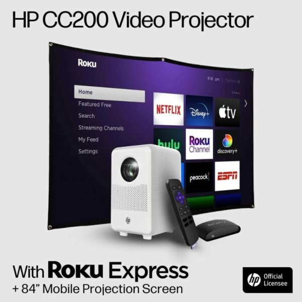 HP CC200 3-ΙΝ-1 Λευκός Projector Full HD 1080p με Roku Express, 84″ οθόνη προβολής, ενσωματωμένα ηχεία, 200 LED, HDMI, διπλό USB, Aux-Out και τηλεχειριστήριο – 68W - Image 12