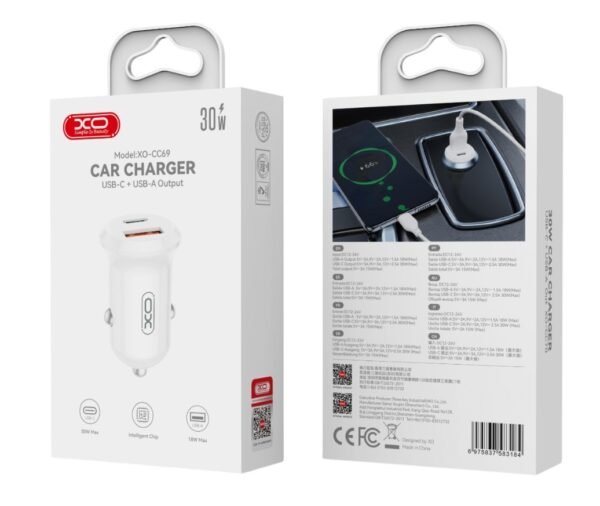 XO CC69 Μικρός Smart Φορτιστής Αυτοκινήτου USB-A & Type-C 30W Λευκός - Image 6