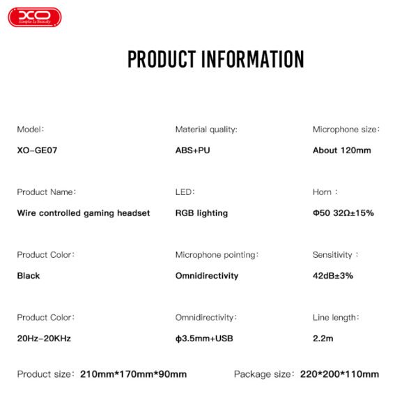 XO GE-07 Στατικά RGB Long mic Gaming  Ακουστικά USB+Dual 3,5mm - Image 4