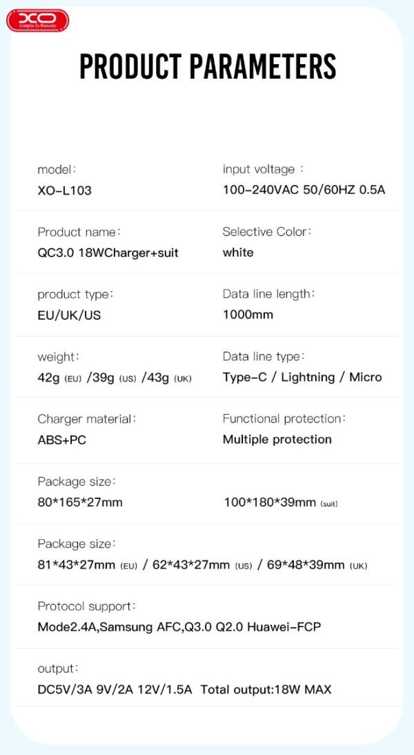 XO L103 (UK) QC3.0 18W Φορτιστής με Καλώδιο Micro (NB103) - Image 3