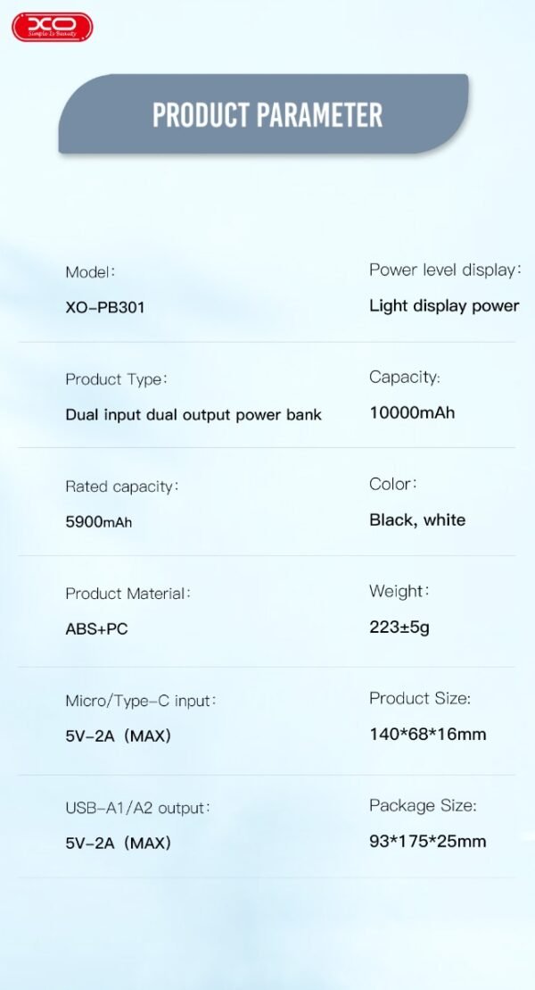 XO PB301 Light Display Powerbank 10000mAh (Μαύρο) - Image 3