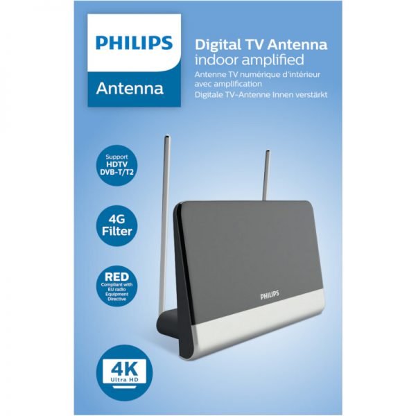 Philips SDV6222/GRS Κεραία τηλεόρασης HDTV/4K/UHF/VHF/FM εσωτερικού χώρου με ενισχυτή 48 dB και φίλτρο GSM  – 21 x 14 cm - Image 2