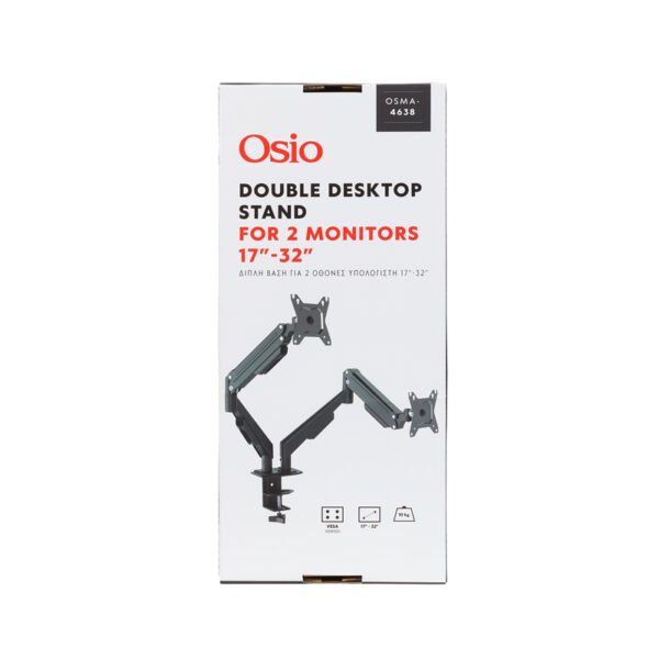 Οsio OSMA-4638 Μαύρη διπλή βάση monitor για 2 οθόνες υπολογιστή 17″-32″ VESA 100×100 - Image 2